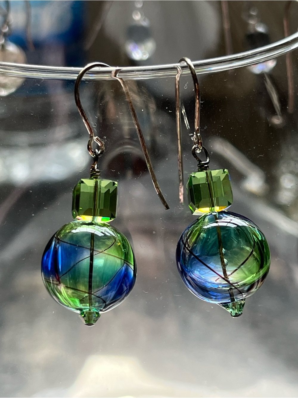Handmade NWOT Blown Glass & Swarovski Crystal Earrings in Sterling Silver